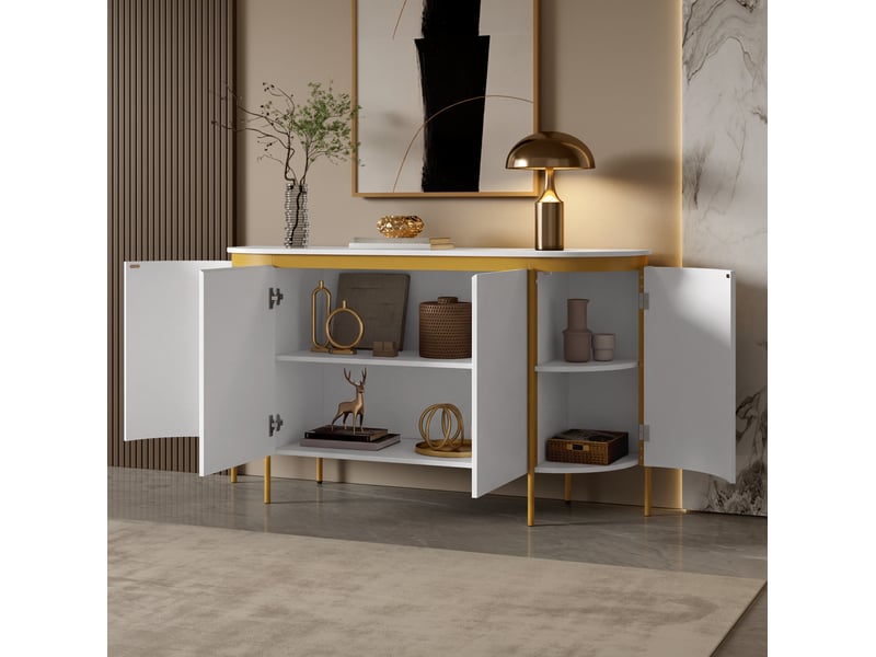  Buffet bas 140x38x80 cm avec 4 portes sans poignées mdf couleur blanc et doré, design élégant, pieds en fer, corps en  - Conforama D