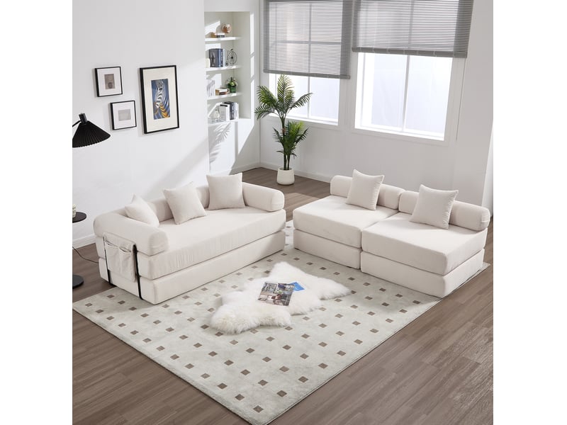  Canapé d'angle 4 places moderne 270x180x64 cm, stockage, poches, modulable à volonté, en velours côtelé, beige  - Conforama D