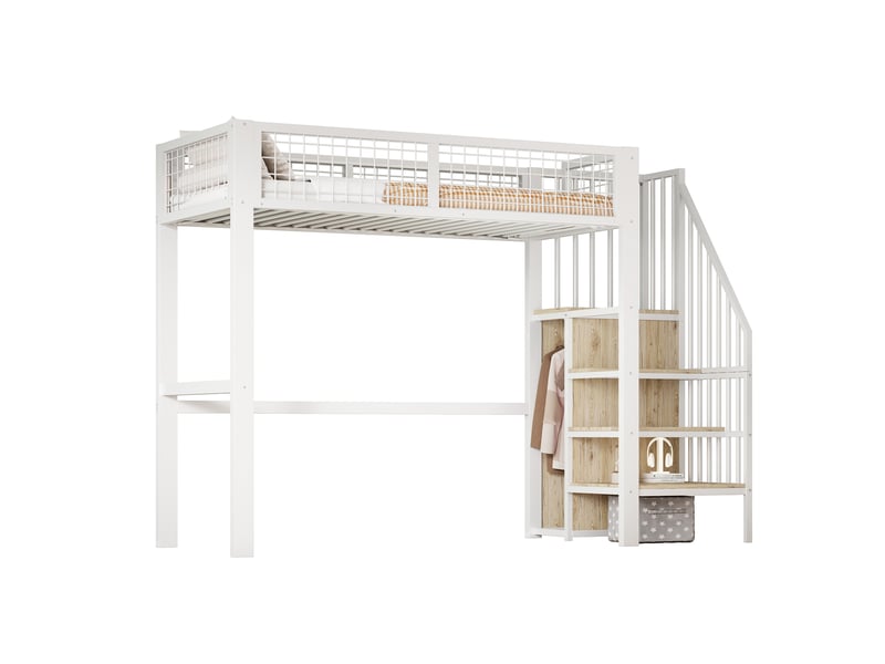  Lit mezzanine 90*200 cm blanc avec échelle, cadre métallique, rangement et armoire pour enfant  - Conforama A
