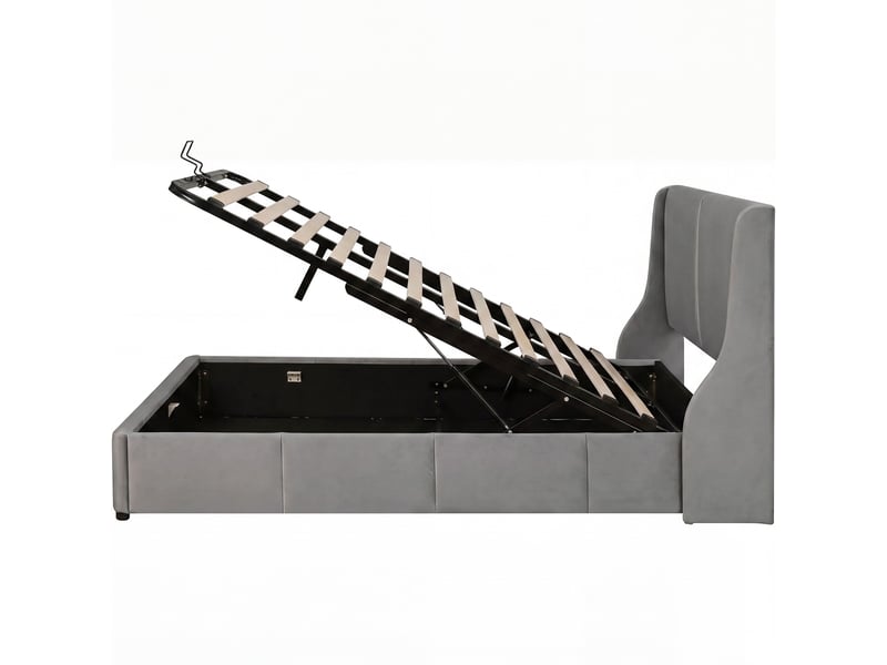  Lit coffre 140 x 190 avec rangement hydraulique, lit 2 personnes avec sommier à lattes et tête de lits rembourré, sans matelas, velours gris  - Conforama W