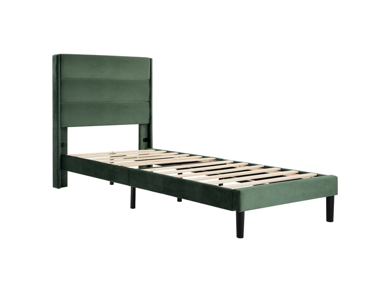  Lit rembourré, lit enfant 90x200 cm, sommier à lattes, velours vert, matelas inclus  - Conforama B
