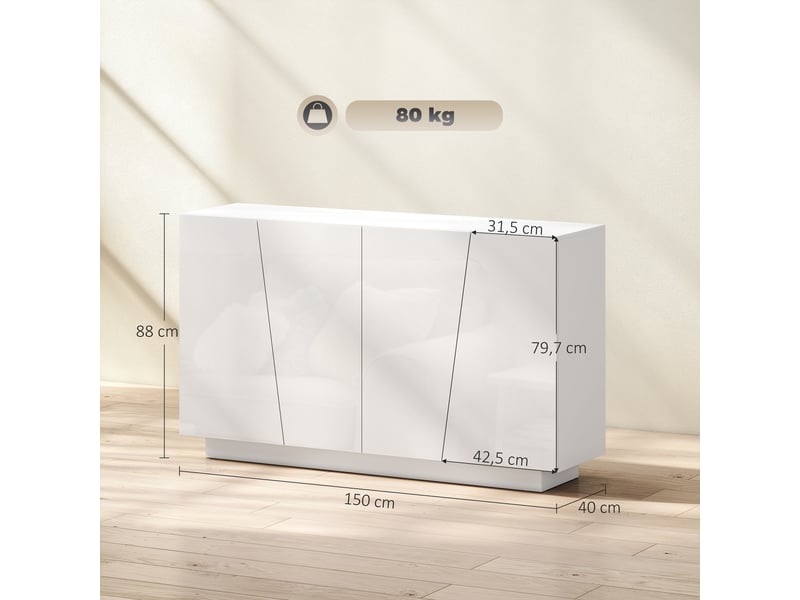  Buffet 4 portes avec étagères réglables blanc brillant 150 x 40 x 88 cm  - Conforama C