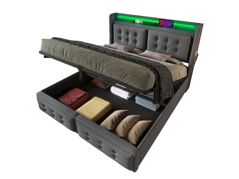 Lit coffre adulte 160x200 cm – gris – tête de lit led, ports usb-c et rangement hydraulique, sans matelas - Conforama A