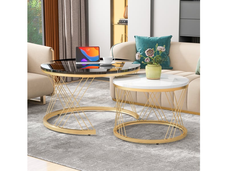  Tables basses gigognes rondes 70x45+45x40 cm, placage marbre, table de salon, canapé et chambre, métal et mdf, noir  - Conforama B