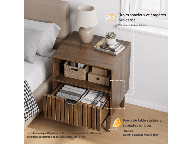  Table de chevet 1 tiroir en mdf coloris noyer 45 x 39 x 56.5 cm  - Conforama D