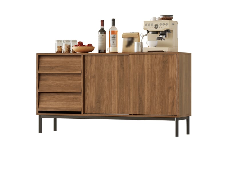  Buffet bas rangement cuisine salon salle à manger 150x40x80 cm, 3 tiroirs, 2 portes coulissantes, mdf marron  - Conforama A