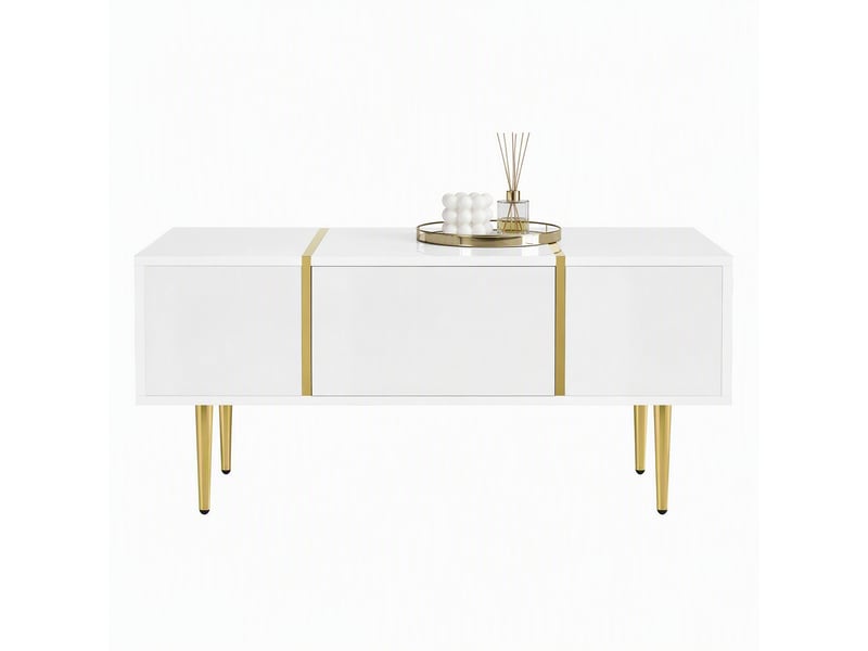 Table basse avec 2 tiroirs et plateau brillant - lpospi - détails en métal doré, mdf blanc 100 × 60 × 41,5 cm - Conforama A