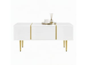 Table basse avec 2 tiroirs et plateau brillant - détails en métal doré, mdf blanc 100 × 60 × 41,5 cm
