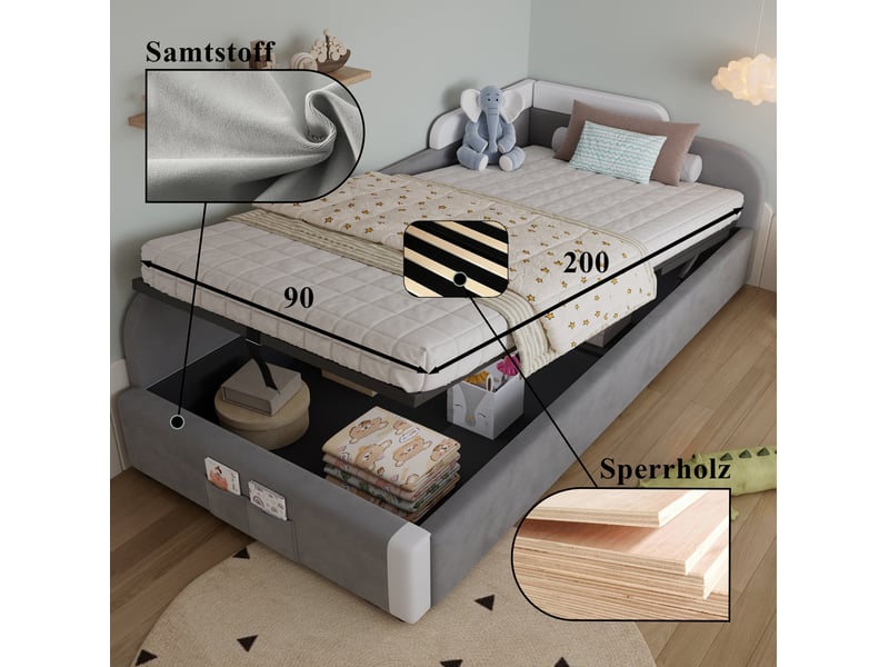 Lit coffre enfant 90x200 cm, avec rangement et sommier, panneau latéral gauche, velours, gris et blanc, sans matelas - Conforama D