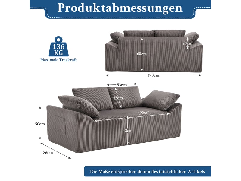  Canapé 2 places modenvie en tissu marron et gris avec assise profonde, accoudoirs arrondis et poches latérales 170 x 86 x 60 cm  - Conforama C