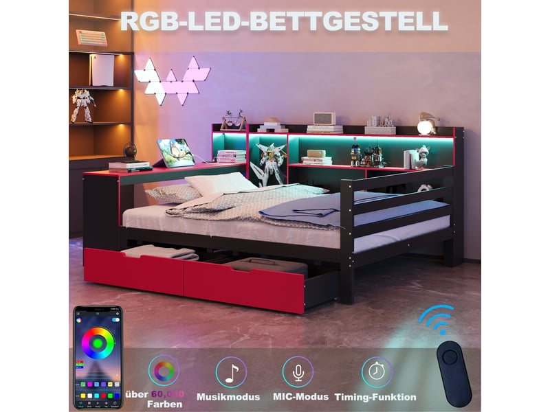  Canapé-lit 140x200 cm avec led et prises électriques, lit double avec bureau et tiroirs, coloris noir et rouge, lit 2 personnes  - Conforama R