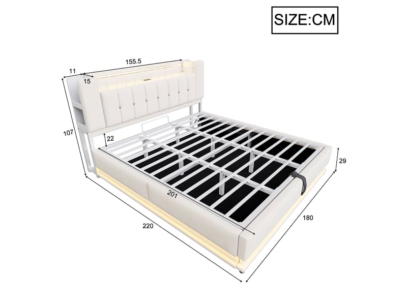  Lit coffre rembourré 180x200 cm coloris beige led tissu lit enfant beige - Conforama C