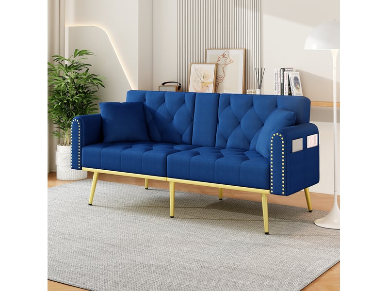 Canapé droit convertible 2 places en velours bleu, dossier réglable 3 positions avec porte-gobelets rangement latéral - Conforama E