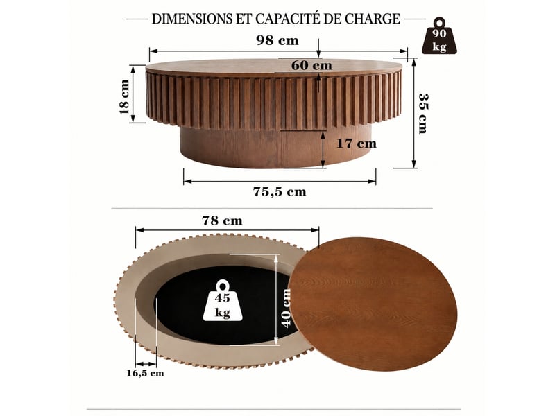 Table basse ovale noyer 98 cm muvano, table basse de salon cannelée avec rangement caché et plateau amovible - Conforama E