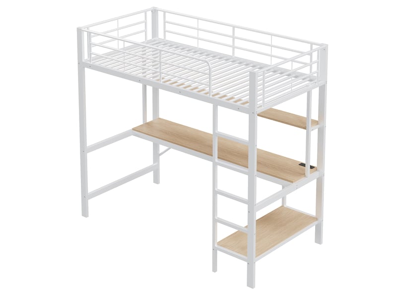 Lit mezzanine enfant 90 x 200 cm avec bureau et étagères de rangement, structure en métal blanc et mdf - Conforama R