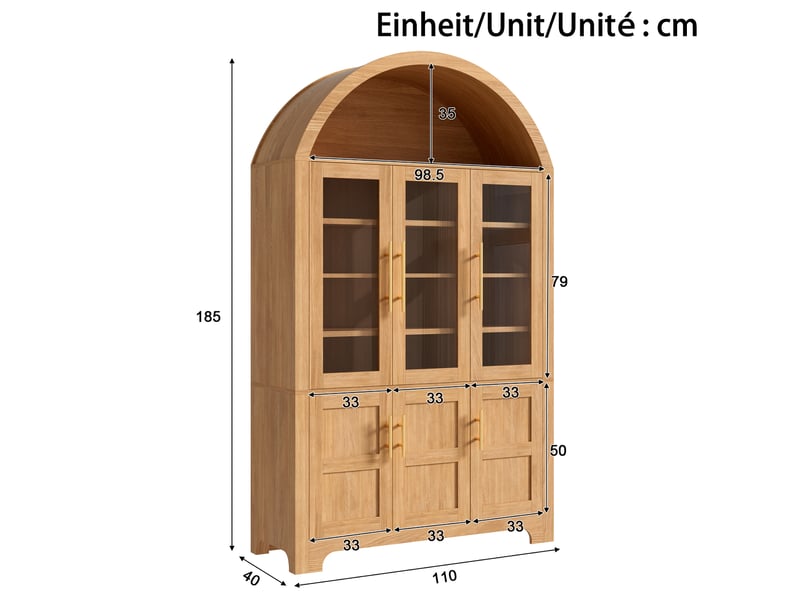  Buffet haut moderne 110x40x185 cm avec niche ouverte en arc, 3 portes vitrées, tablettes réglables, mdf, naturel  - Conforama C
