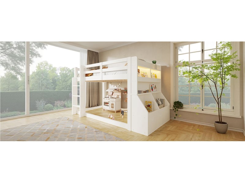  Lit enfant surélevé 90 × 200 cm, rangements et led, blanc  - Conforama B