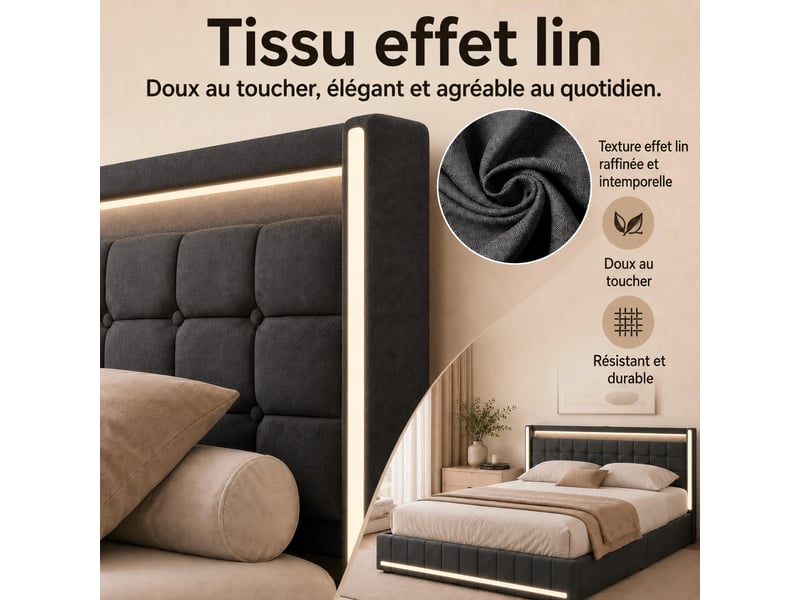  Lit 140x190 cm capitonné, 4 tiroirs, led, usb, sommier inclus - KEFSR lino gris  - Conforama R