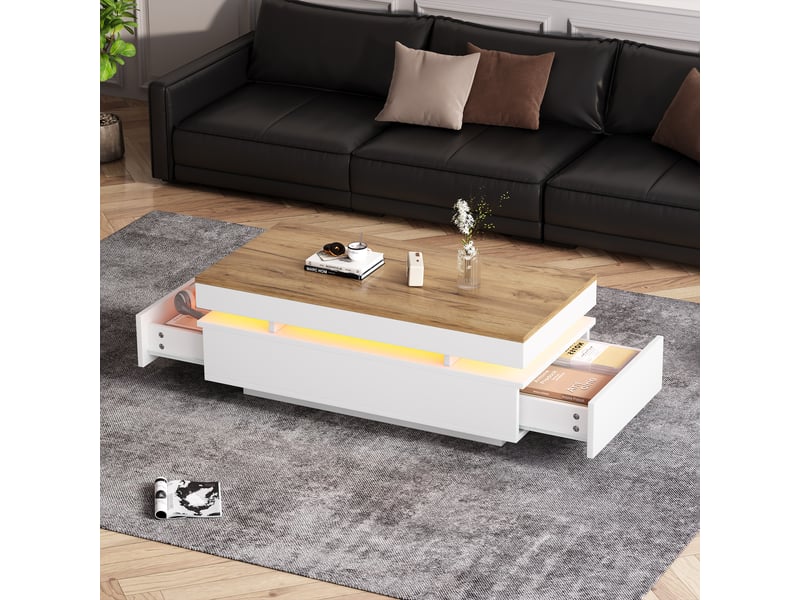  Table basse led 100x50x35 cm, table de salon blanc et bois avec 2 tiroirs, finition brillante  - Conforama B