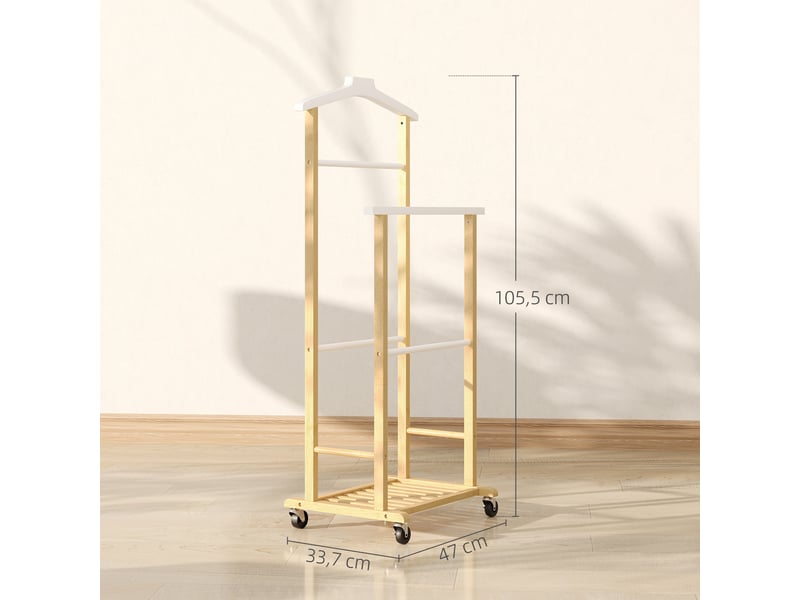 Valet de chambre en bambou à roulettes, avec cintre supérieur, barres pour pantalons et étagère à chaussures inférieure, naturel et blanc - Conforama D