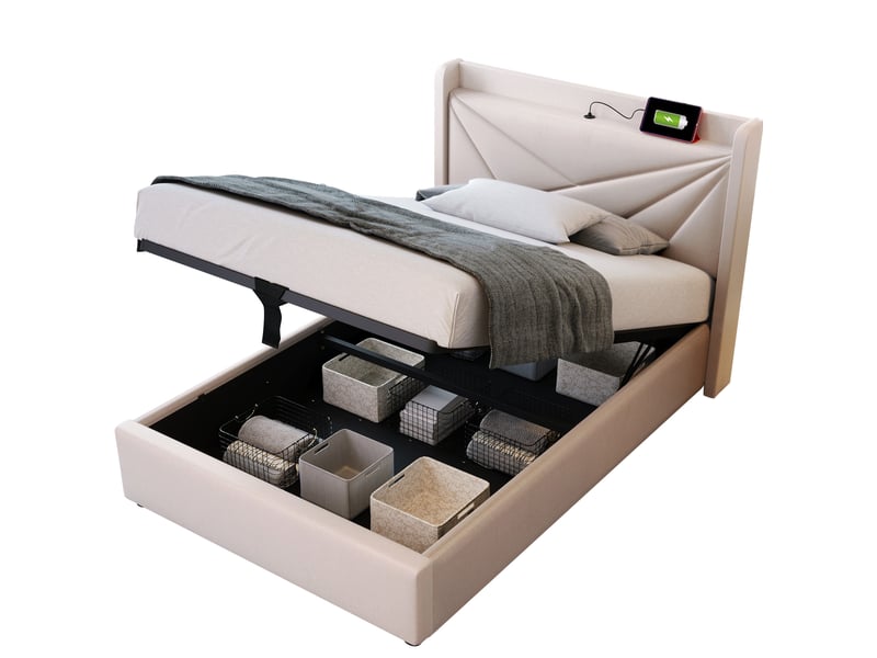  Lit coffre 90x200 cm avec tête de lit usb type-c, sommier à lattes, rangement, beige, avec matelas  - Conforama A