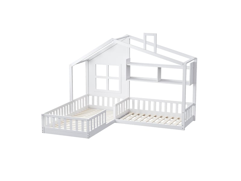 Lit enfant 90x200cm, lit cabane avec fenêtre et cheminée, barrière sécurité, bois massif blanc  - Conforama E