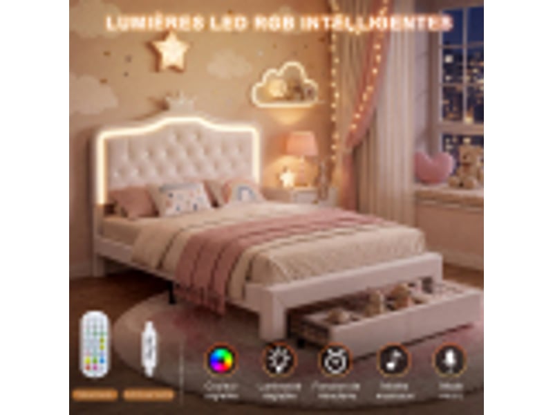 Lit rembourré 140x200 cm avec 2 tiroirs, lit capitonné avec tête de lit couronne lumineuse led, lit capitonné avec tête de lit réglable, pu, blanc, sans matelas - Conforama C
