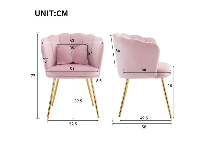  Lot de 6 fauteuils design 63x58x77 cm, dossier pétale, accoudoirs, coussins, pieds dorés, velours rose  - Conforama C