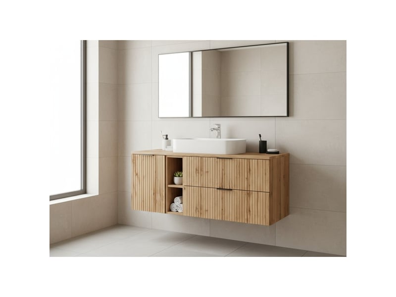  Ensemble de salle de bain noxera 140 cm – chêne wotan – plan pour vasque avec niches et panier à linge  - Conforama B