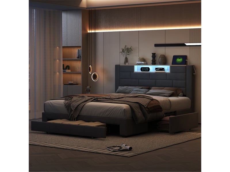  Lit 160x200cm - lit double 160x200cm - lit adulte tête de lit niche avec led et usb type-c et 3 tiroirs de rangement - velours gris  - Conforama D