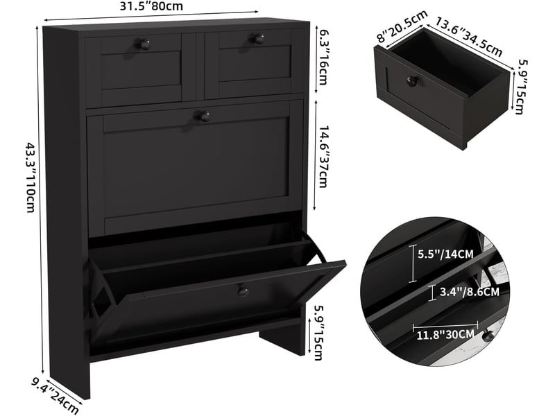  Meuble à chaussures étroit, 2 portes, étagère à chaussures pour entrée, 80 x 24 x 110 cm (longueur x largeur x hauteur) (noir)  - Conforama C