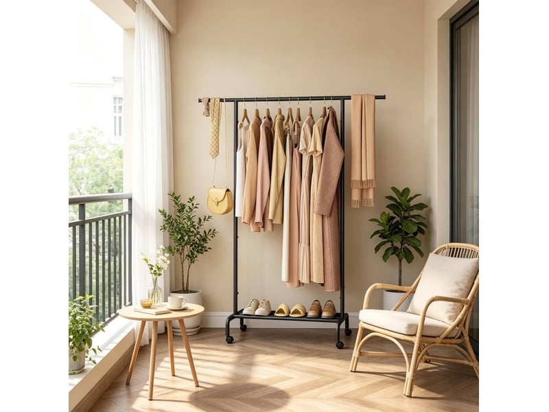  Portant simple à roulettes noir avec étagère et barre extensible  - Conforama D