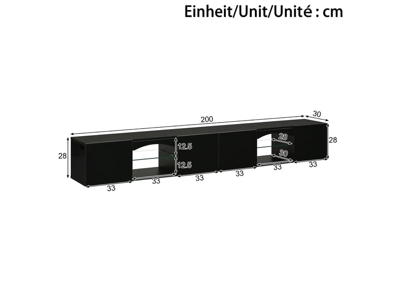  Meuble tv bas tcqpz 200 x 30 x 28 cm 4 portes led contrôlée par application noir  - Conforama D