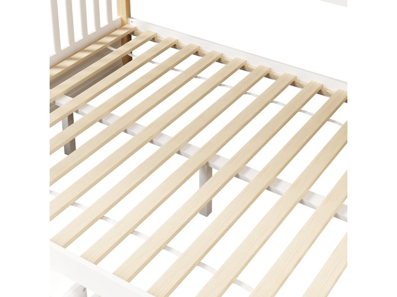 Lit superposé 90x200 sur 140x200 cm tiroirs espace rangement multifonction blanc et naturel sans matelas - Conforama E