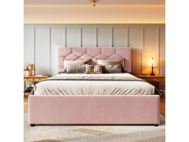  Lit gigogne 140x200 cm, lit enfant, design boutonné romantique, sommier, velours et mdf, rose, sans matelas  - Conforama B