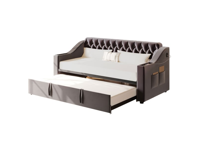  Canapé-lit capitonné, 90180 x 190 cm, accoudoirs plus larges et plus épais avec port de chargement usb, rangements intégrés dans les accoudoirs, poches de rangement, sommier à lattes, revêtement en velours, gris foncé  - Conforama A