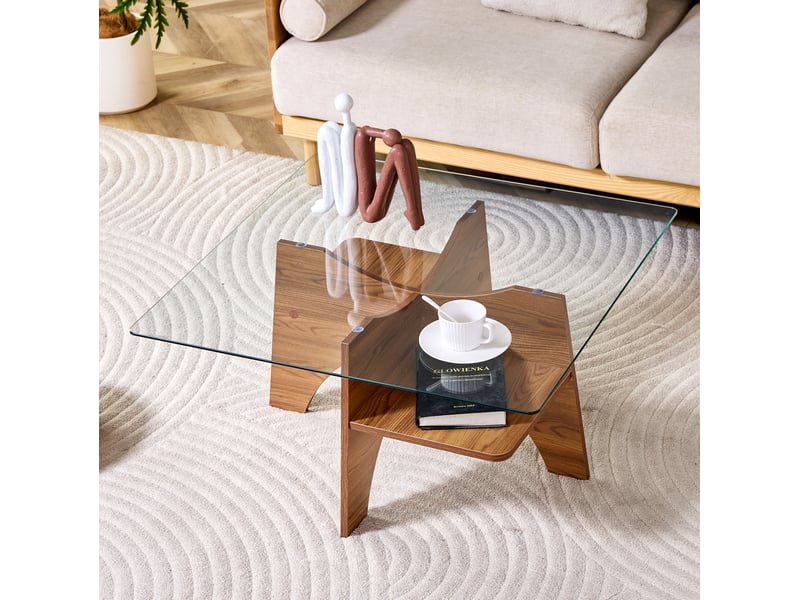  Table basse carrée fixe en verre de sécurité avec rangement, structure mdf noyer, style moderne, 80 × 80 × 40 cm  - Conforama E