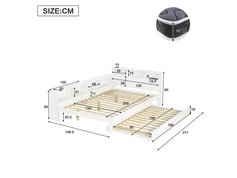 Lit 2 places 120 × 200 cm avec lit gigogne 90 × 190 cm, rangement latéral réversible et station de charge - Conforama C