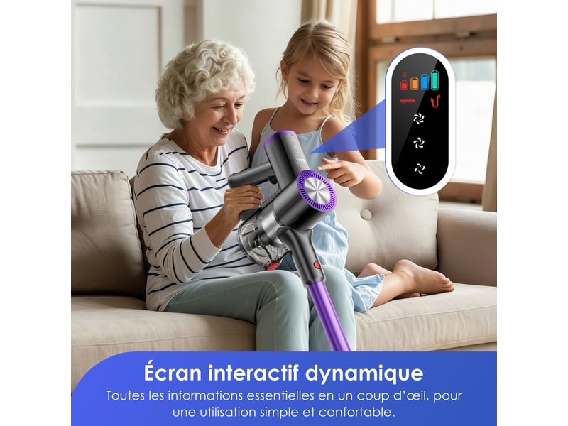  Aspirateur balai sans fil 55 000 pa, autonomie 70 min, led vert, aspirateur 6-en-1 avec tube flexible à 180°, bac à poussière 1,8 l, 4 filtres hepa h13 lavables inclus, sans sac, technologie anti-emmêlement des cheveux et poils  - Conforama E