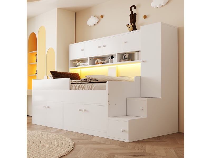  Elvmi lit enfant en bois 90x200 cm avec grand espace de rangement, armoire intégrée, étagères, échelle latérale de rangement, led multicolore et garde-corps de sécurité, blanc  - Conforama B