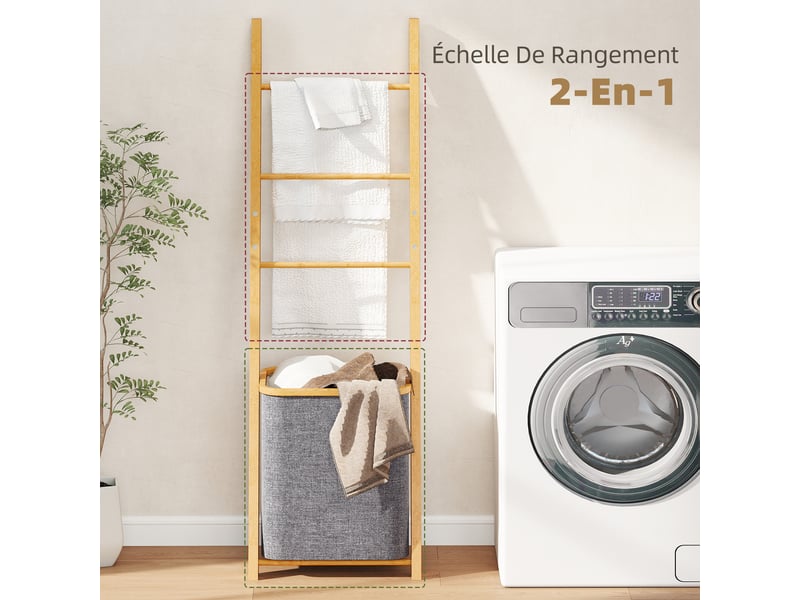 Porte-serviettes bambou avec panier à linge, échelle porte-serviettes avec 1 panier à linge, gris, 43 x 35 x 133 cm - Conforama A