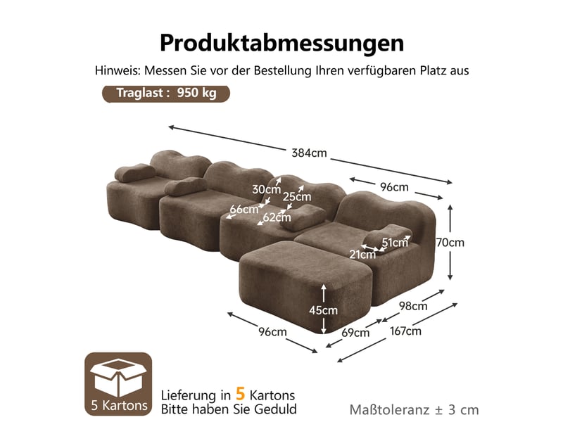  Canapé d'angle modulable 4 places en velours marron avec ottoman, dossier ondulé pour votre salon familial  - Conforama C