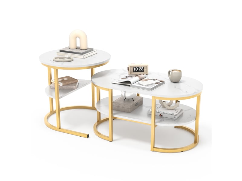  Lot de 2 tables basses - 80x46x41cm 52x52x51cm - table basse gigognes marbre oval et bout de canapé rond structure métal - doré  - Conforama A