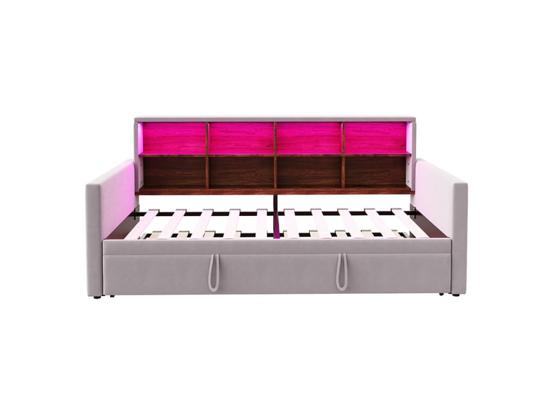 Lit canapé velours gris clair 90x190 cm avec lit gigogne, rangements, led et usb - Conforama A