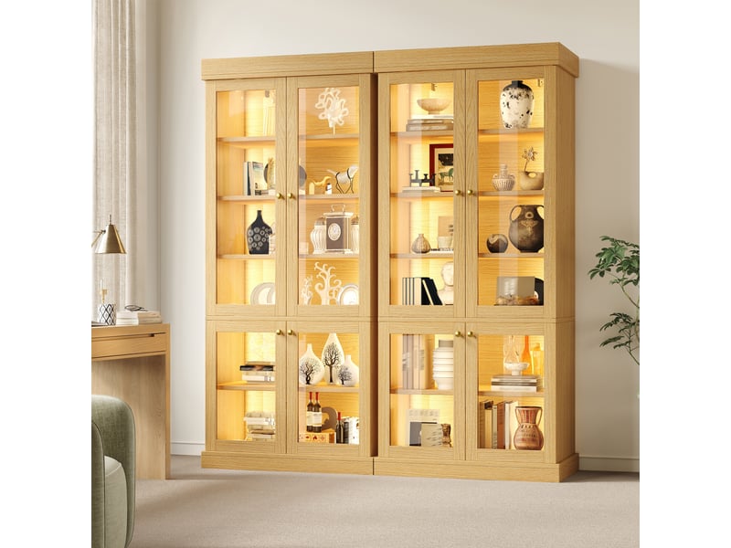  Armoire haute avec vitrine en verre et éclairage led réglable - lpospi - rangement sécurisé mdf naturel  - Conforama B