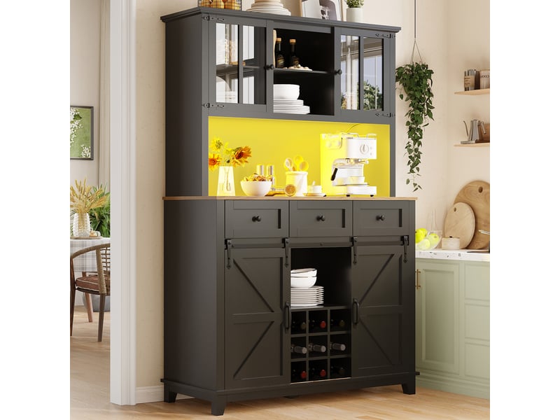  Armoire de cuisine avec led buffet haut noir vaisselier avec portes en verre 105x180cm  - Conforama C