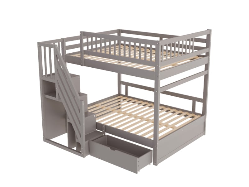  Lit superposé 140x200 cm avec barrière de sécurité haute, tiroirs et échelle de rangement, en bois, gris, sans matelas  - Conforama E