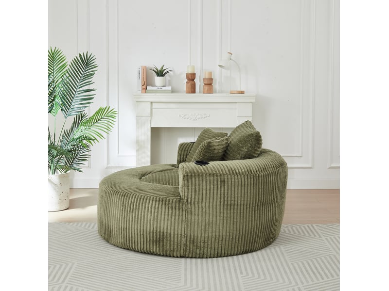 Fauteuil lounge rond 1 place en velours côtelé vert avec 3 coussins - Conforama R