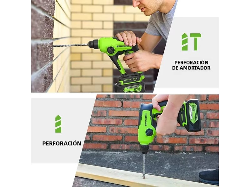  Greenworks perceuse à percussion rotative à brosses 24 v diverses vitesses sds 1,2 j doppies modes de fonctionnement avec batterie 4 ah et chargeur  - Conforama E