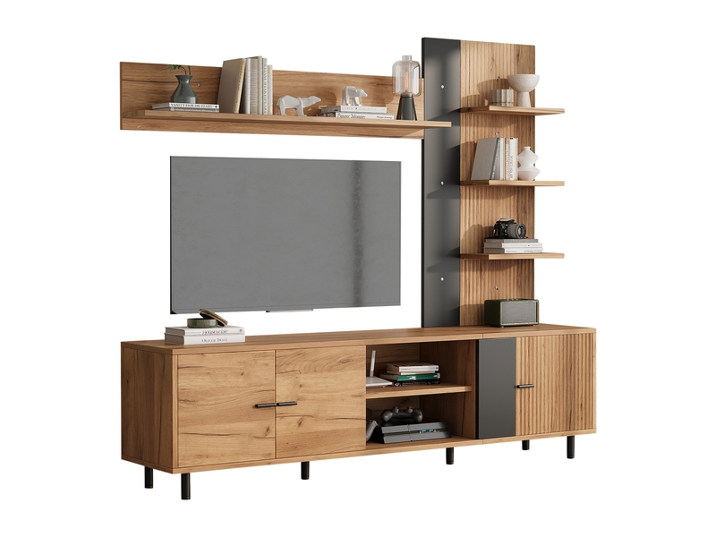  Ensemble meuble tv avec 3 placards, meuble tv bois et noir pour écran jusqu'à 80 pouces, étagères ouvertes et rangement mural  - Conforama A
